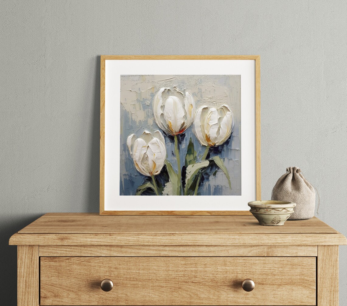 White Tulips Oil Painting Floral Wall Art Print - Image 3