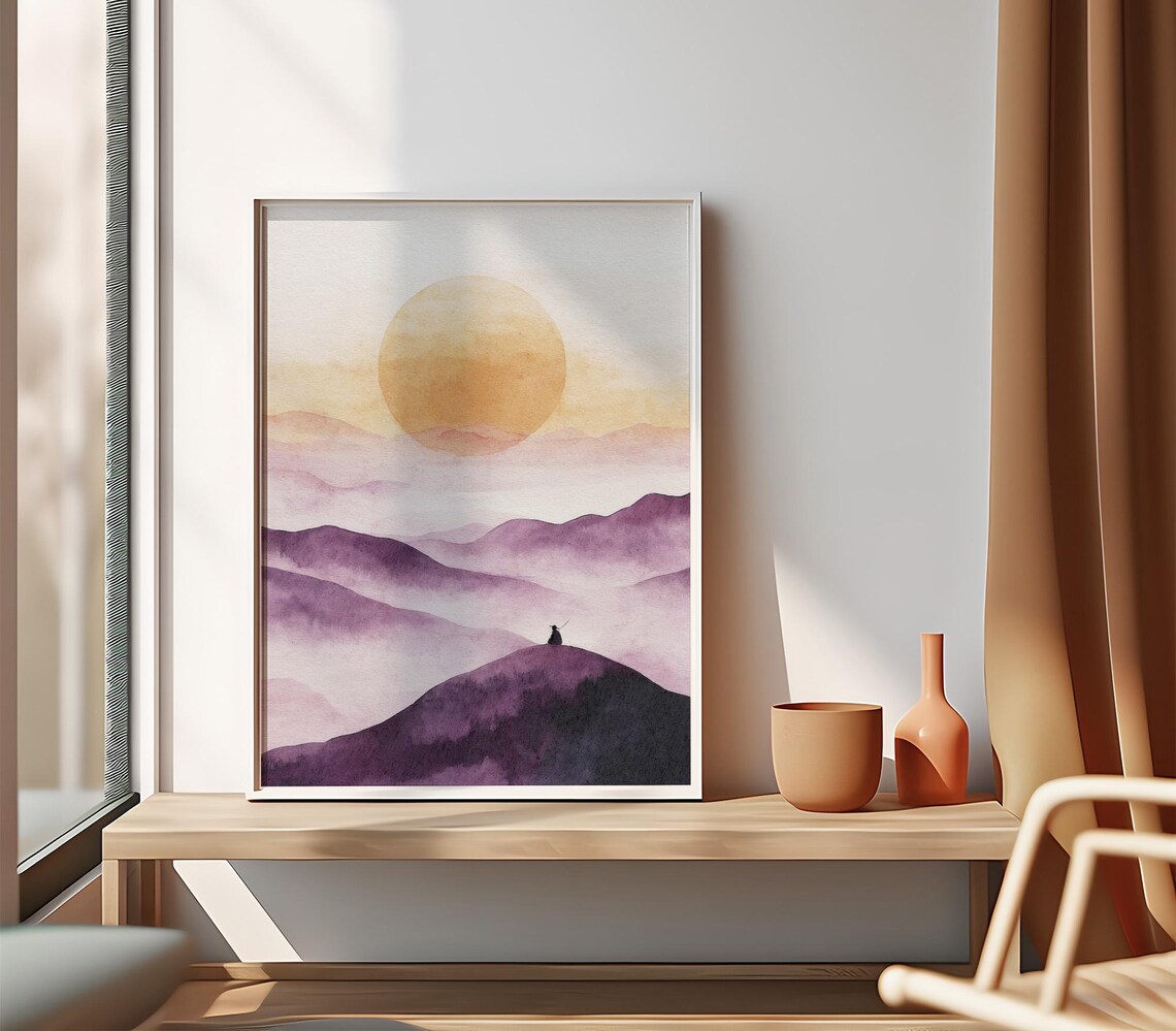 Minimalist Purple Mountains Orange Sun Zen Meditation Watercolor Poster - Image 4