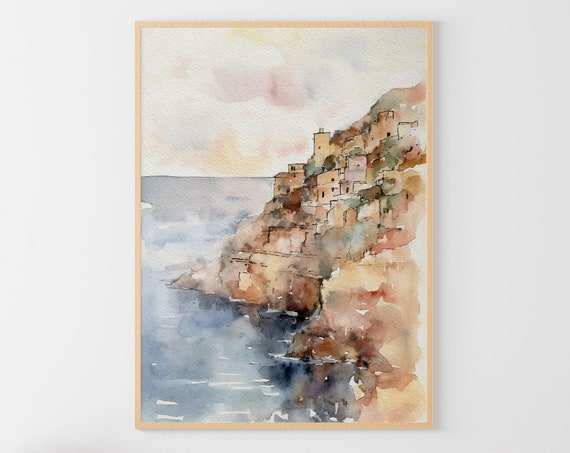 Amalfi Coast Watercolor Art Print, Positano Italy