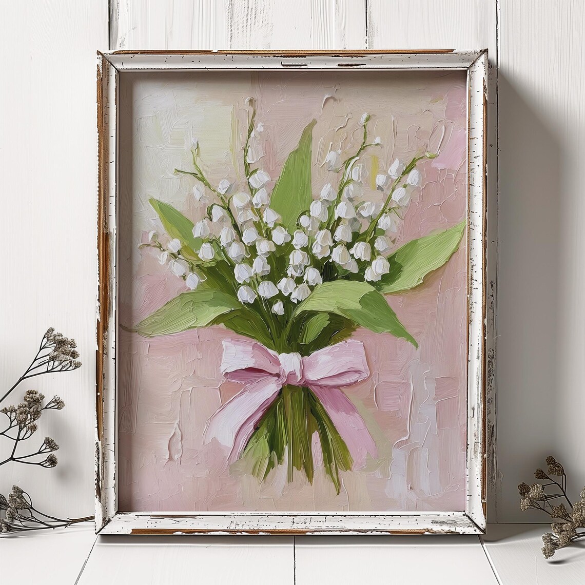 Lily Of The Valley Oil Print, Pink Bow Floral Art