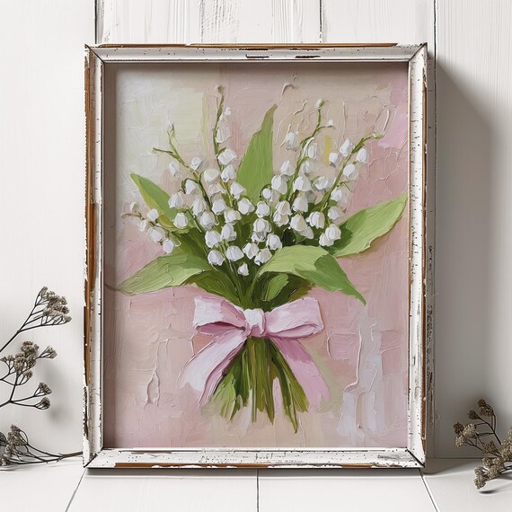 Lily Of The Valley Oil Print, Pink Bow Floral Art