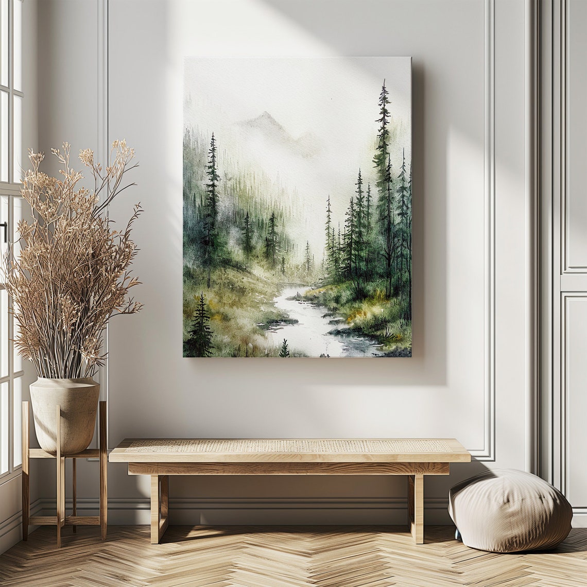 Misty Mountain River Valley Pine Forest Foggy Landscape Art Poster - Image 4