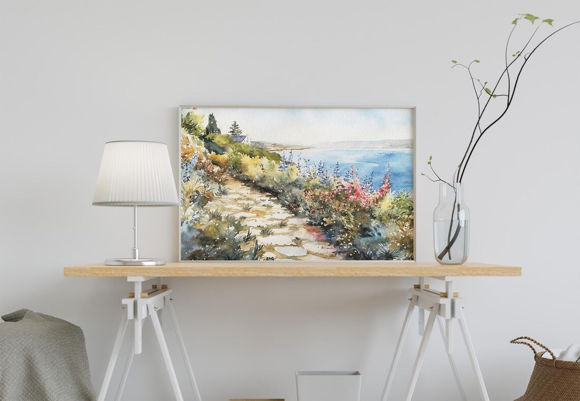 Coastal Garden Path Wildflowers Leading to Blue Sea Watercolor Poster - Image 2