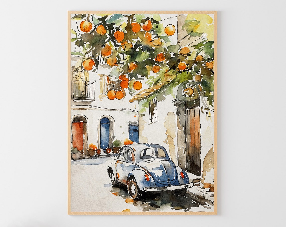 Amalfi Italy Vintage Blue Beetle Orange Tree Cobblestone Street Poster