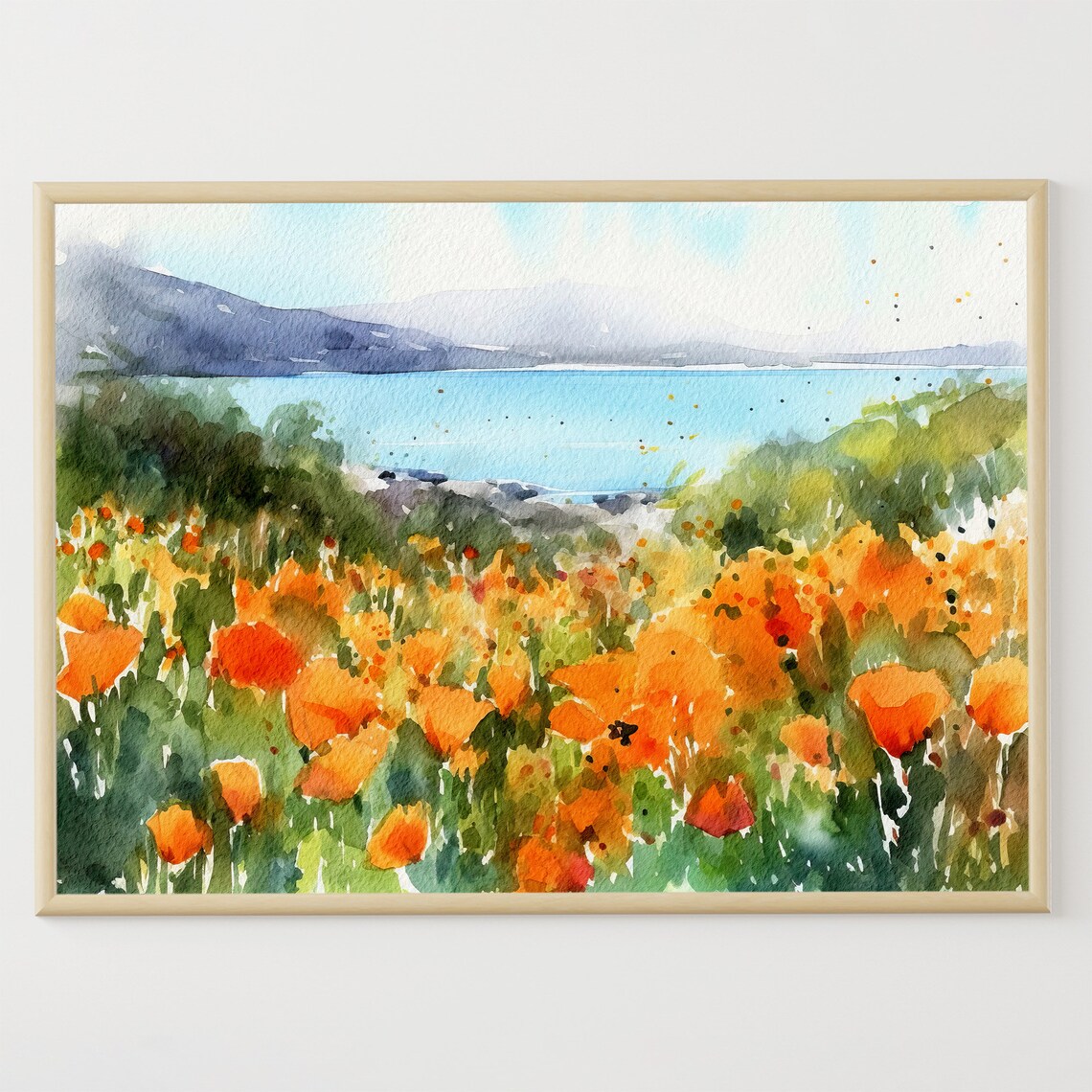 California Orange Poppies Coastal View Watercolor Wildflower Field Poster