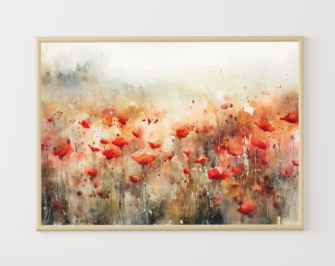 Red Poppy Watercolor Meadow Floral Landscape Art Print