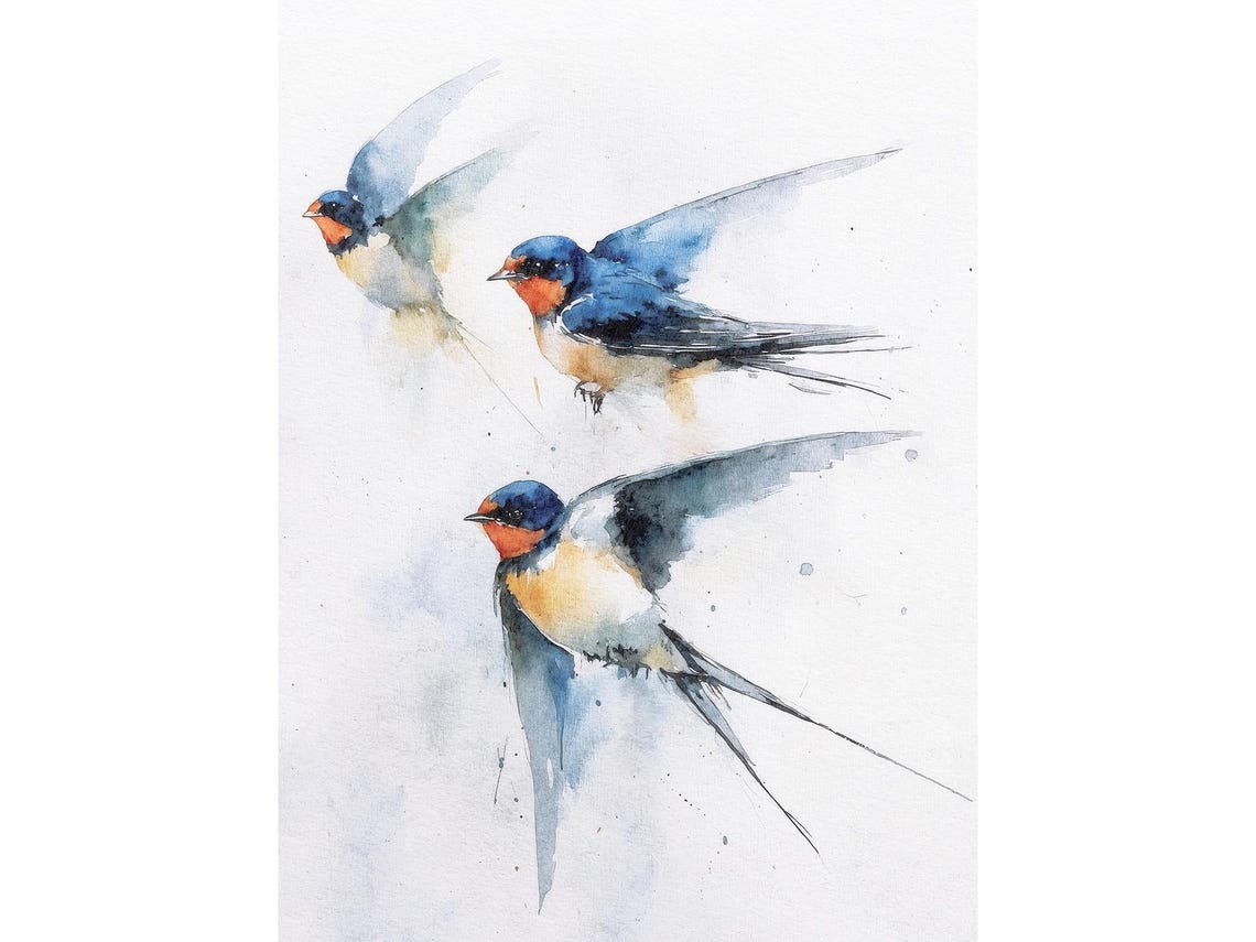 Three Barn Swallows Watercolor Flying Birds Songbird Wildlife Print