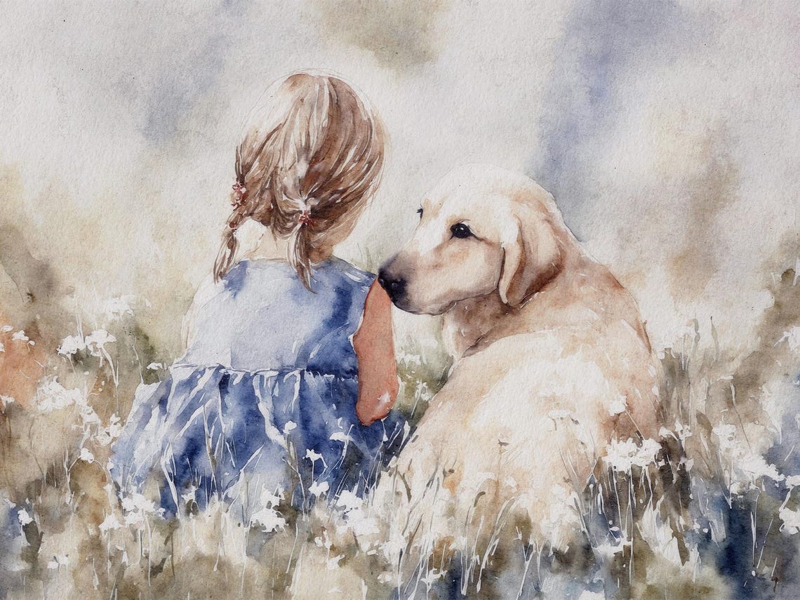 Golden Retriever Watercolor Art Print Little Girl In Field Painting Dog And Artwork Neutral Wall Wildflowers Poster