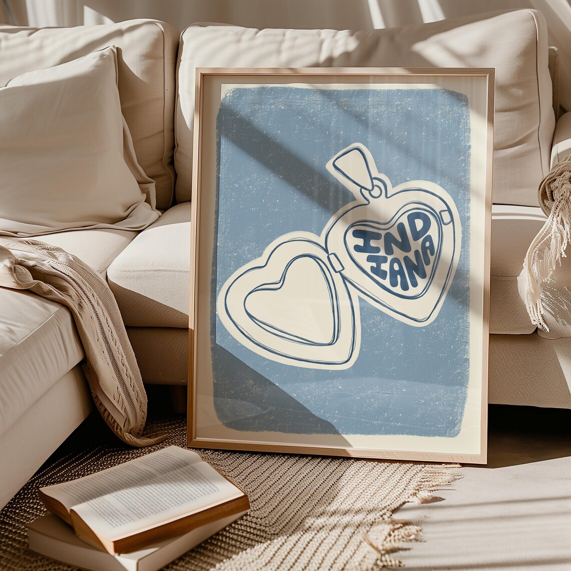 Indiana Open Heart Locket Blue Line Art Vintage Illustration Poster