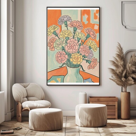 Henri Matisse Inspired Pastel Carnations Vase Fauvist Floral Poster