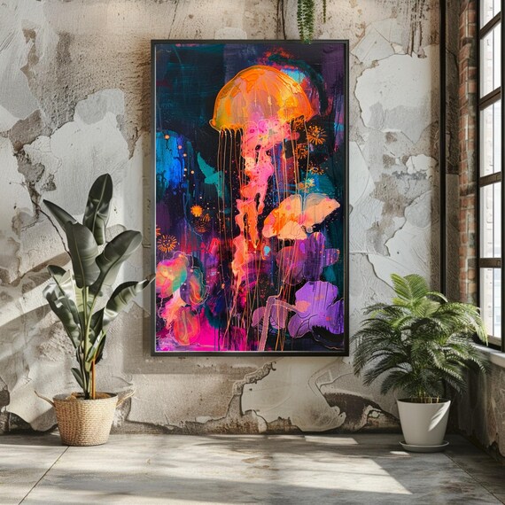 Colorful Jellyfish Posterglowing Neon Art Print Abstract Underwater World Mixedmedia Painting Dreamlike Decor Matte Wall