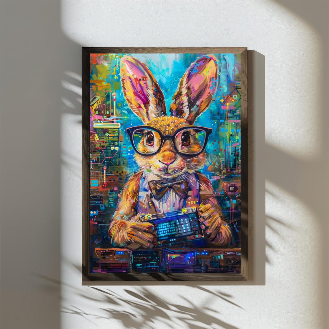 Whimsical Rabbit With Glasses Bowtie Holding Keyboard Art Poster