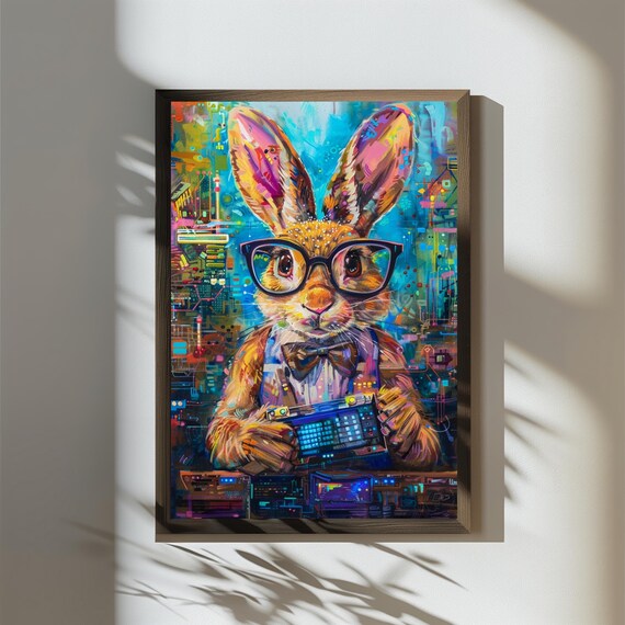 Animal Illustrative Poster Whimsical Rabbit In Bowtie And Vest Matte Print Art Circuitry Pattern Home Decor Colorful