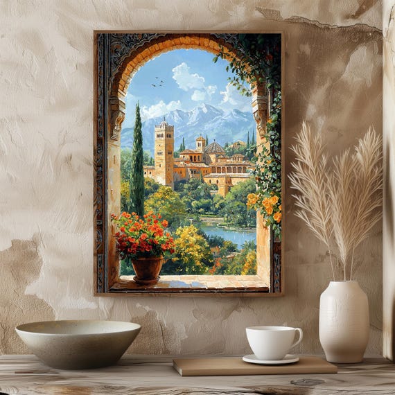 Alhambra Palace Window View Posterspain Art Printgranada Travel Illustrationmediterranean Wall Decoradalusian Architecture Landscape