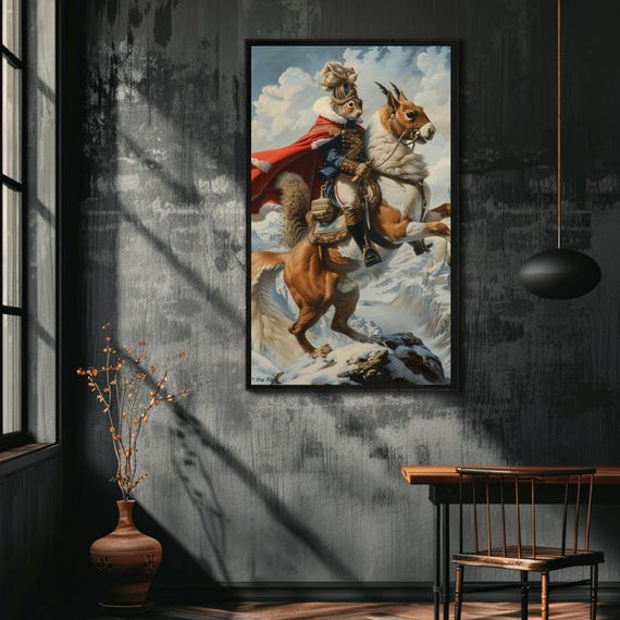 Animal Illustration Whimsical Squirrel General Riding Horse On Snowy Mountain Fantasy Art Print Matte Wall Portrait Decor