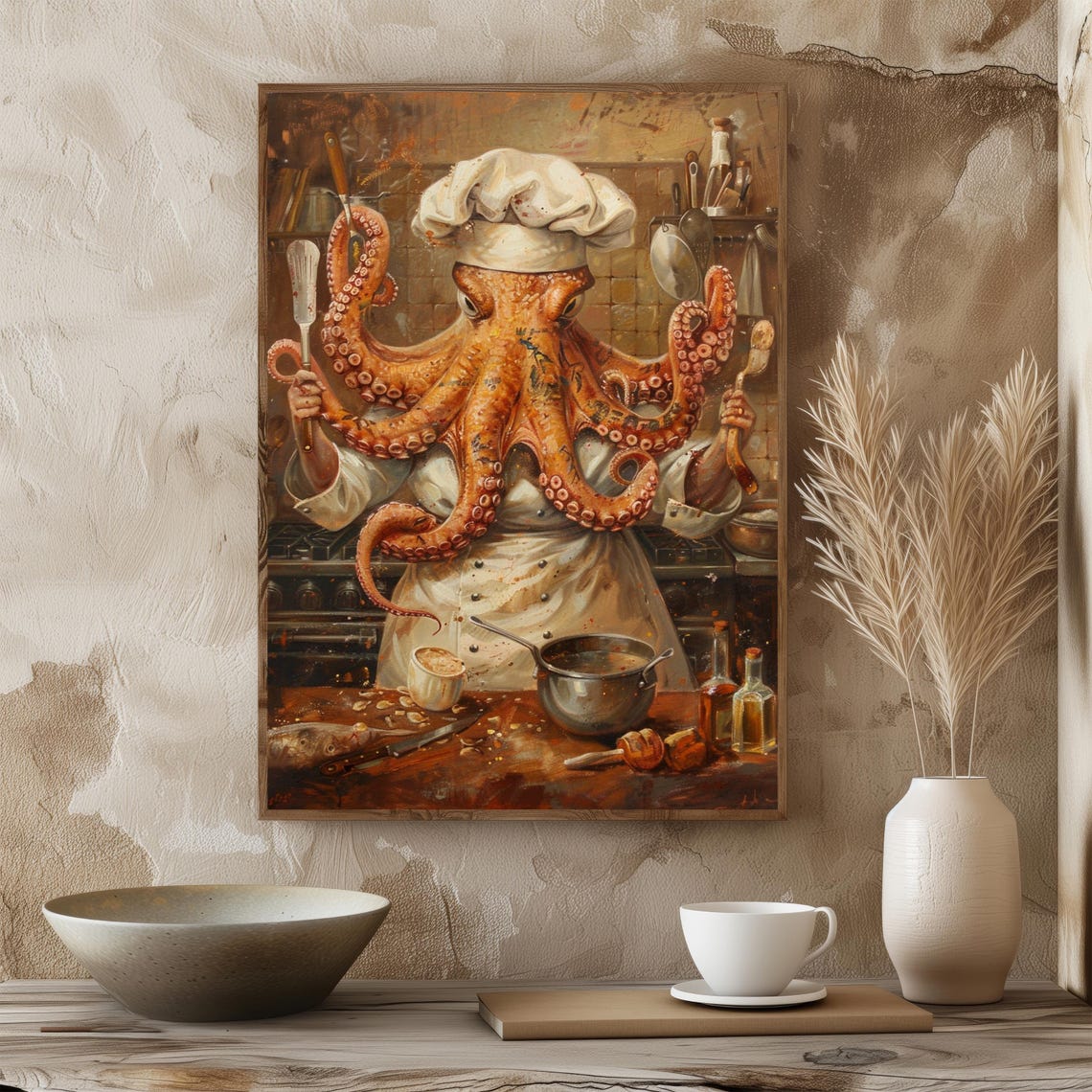 Octopus Chef Wall Art Funny Animal Kitchen Print Surreal Cooking Poster Retro Culinary Illustration Quirky Gift For Food Lovers