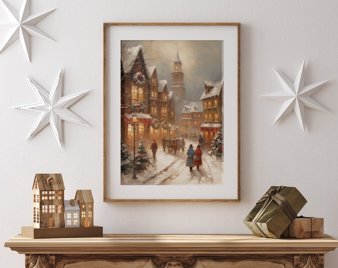 Vintage Christmas Scene Art Print, Holiday Decor