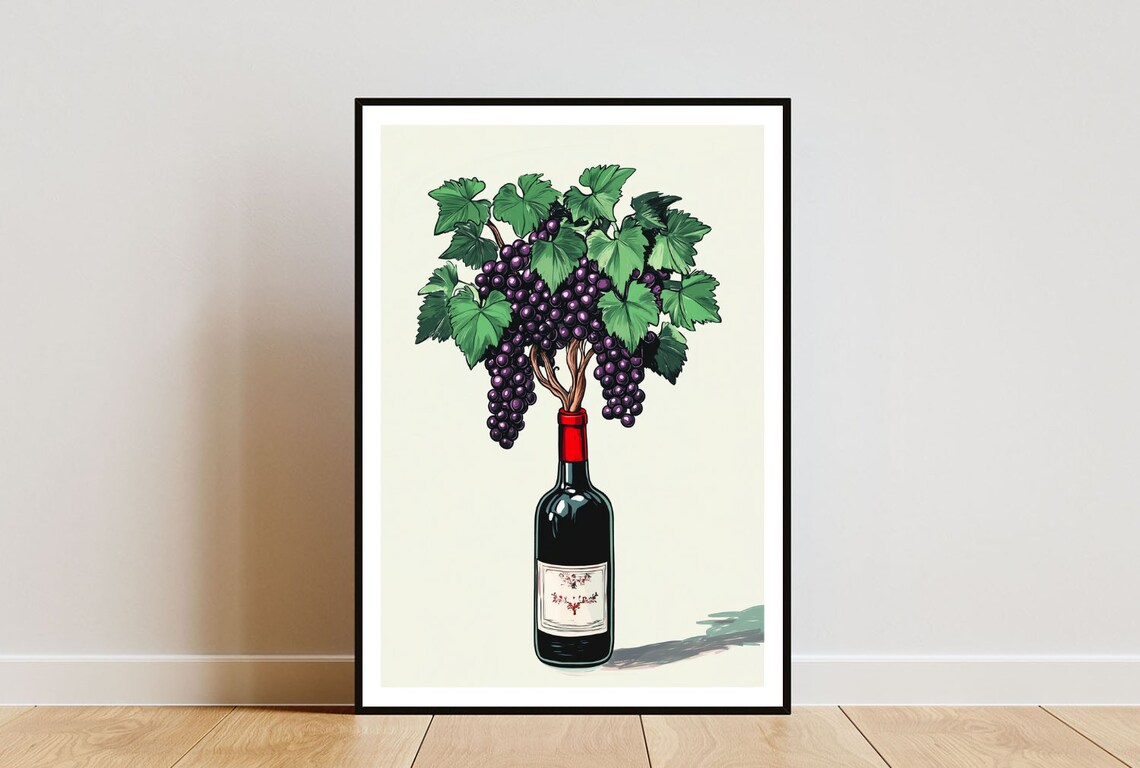 Wine Bottle Grapevine Growing Out of Bottle Whimsical Art Poster