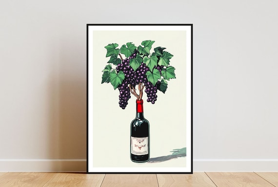 Wine Bottle Grapevine Growing Out of Bottle Whimsical Art Poster
