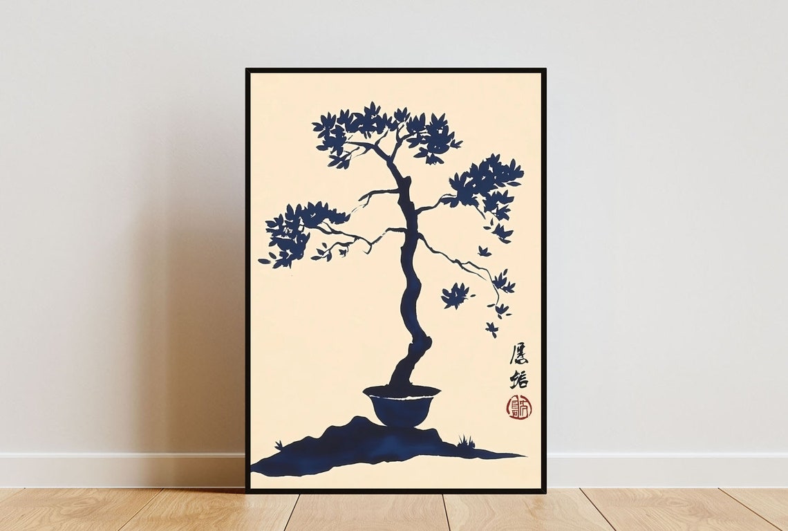 Japanese Bonsai Tree Ink Art Navy Calligraphy Minimalist Poster