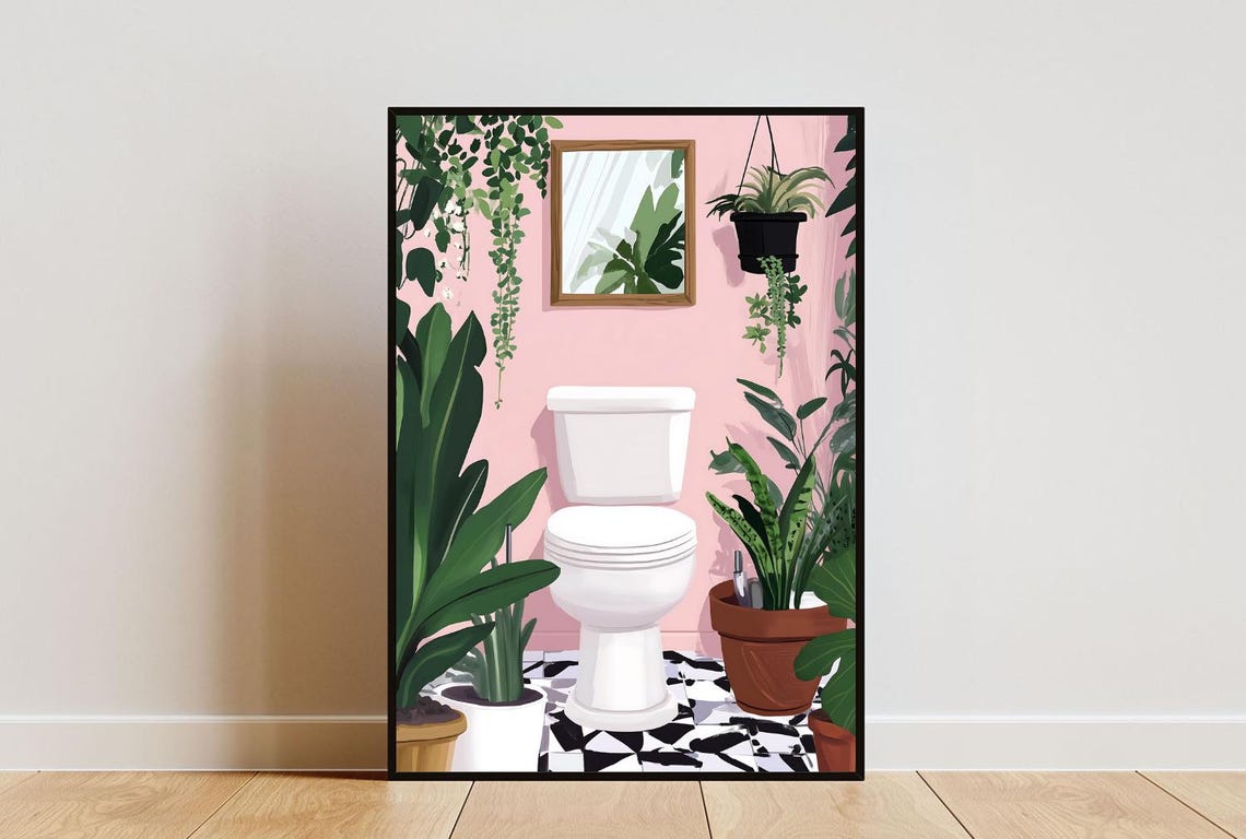 Pink Bathroom With Toilet Houseplants Boho Illustration Poster
