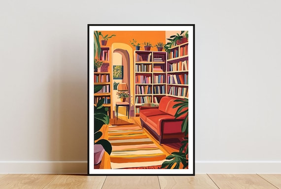 Cozy Orange Reading Room Illustration Poster With Bookshelves And Sofa