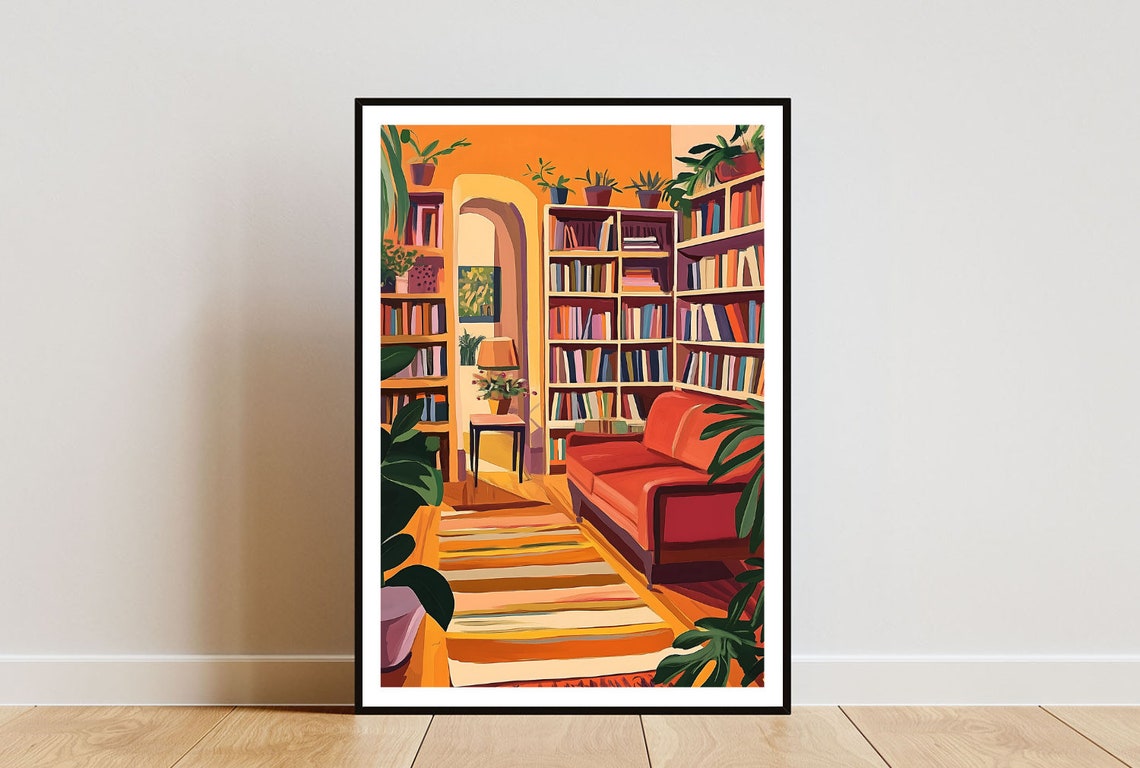Cozy Orange Reading Room Illustration Poster With Bookshelves And Sofa