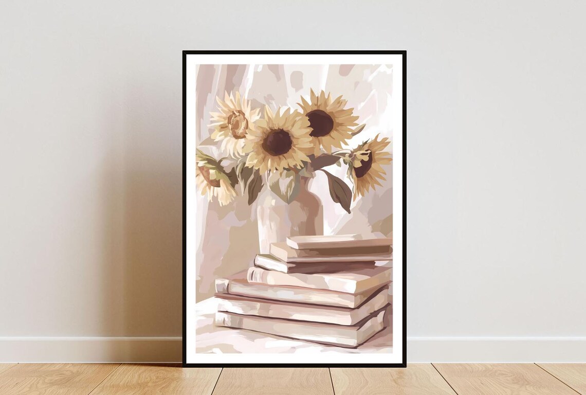 Bookshelf Library Art Print, Sunflower Poster