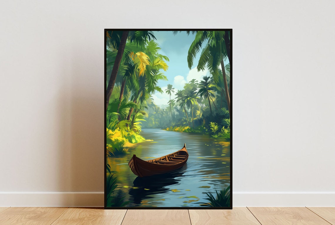Kerala Backwaters Palm River Wooden Canoe Tropical Art Poster