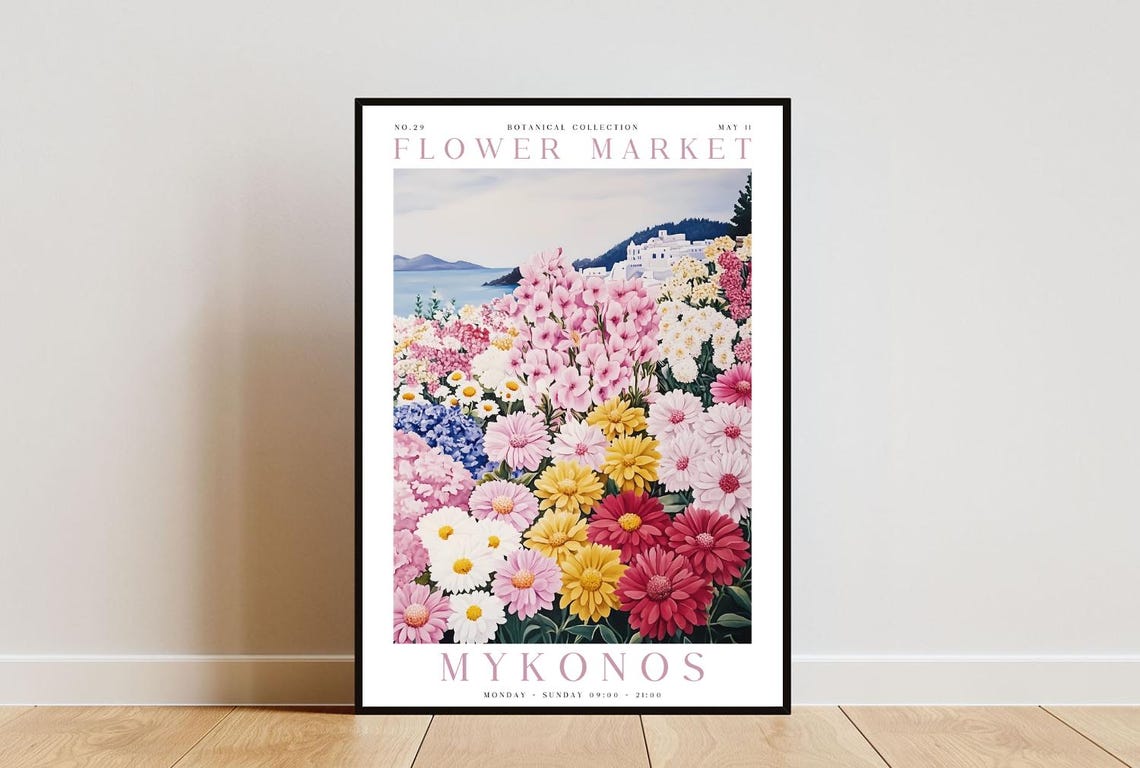 Mykonos Flower Market Poster Mykonos Poster Flower Market Print Flower Wall Art Botanical Poster Floral Wall Art Pink Flower Poster