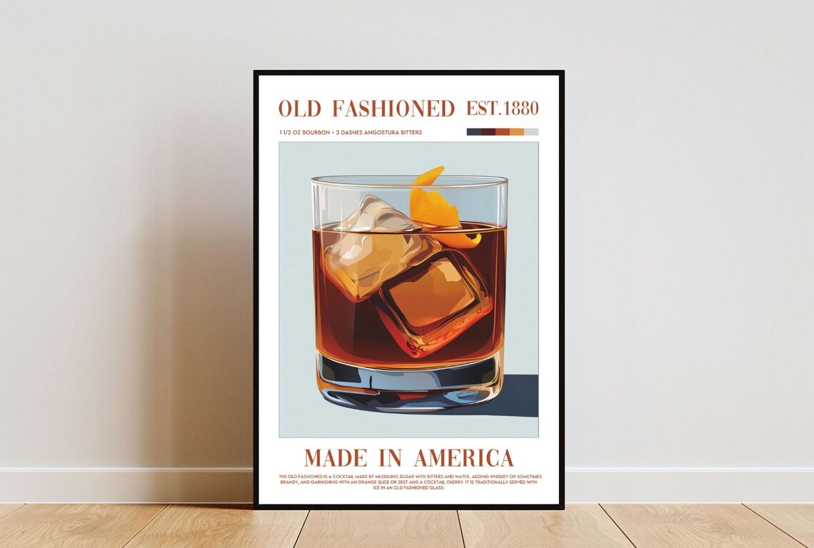 Old Fashioned Cocktail Retro Bar Poster EST 1880 Made In America Bourbon Decor