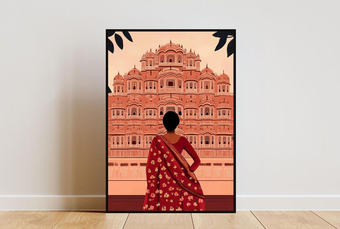 Grand Hawa Mahal Jaipur Woman In Crimson Red Saree Travel Poster