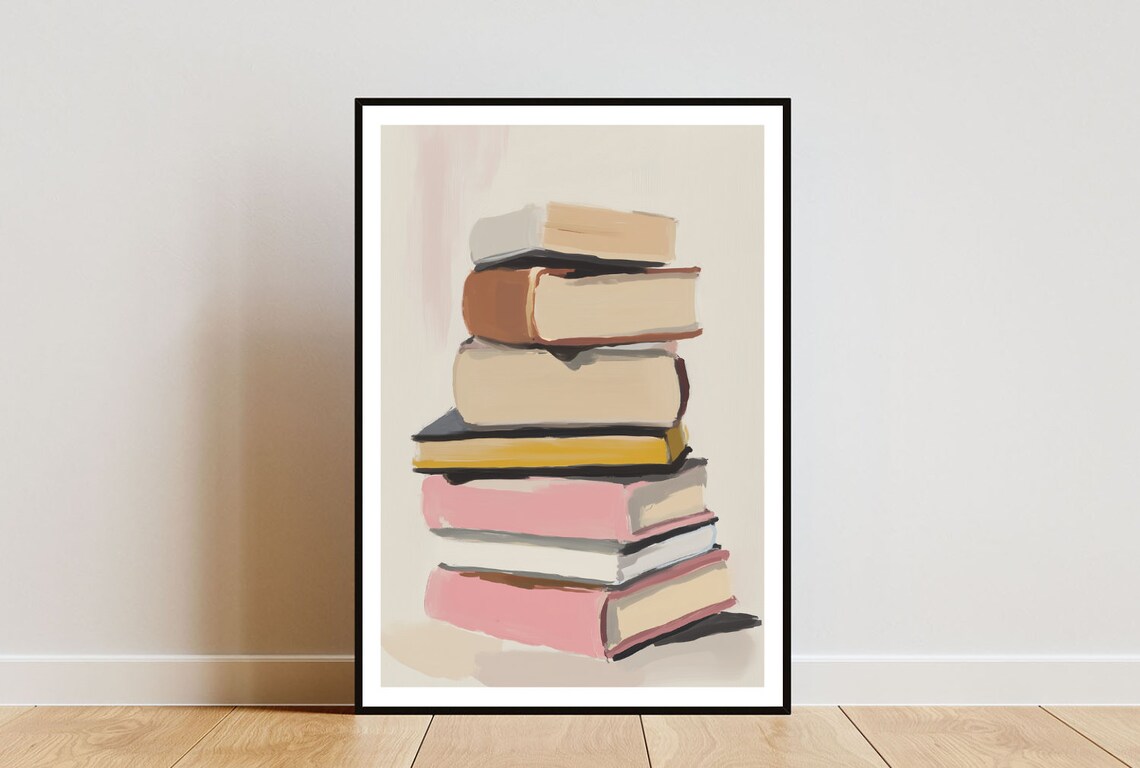 Minimal Pastel Book Stack Illustration Poster In Pink And Cream Tones