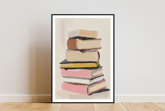 Minimal Pastel Book Stack Illustration Poster In Pink And Cream Tones