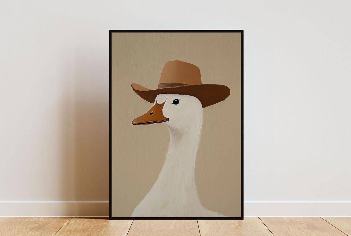 Silly Goose in Cowboy Hat Painted Portrait Fun Bird Wall Poster