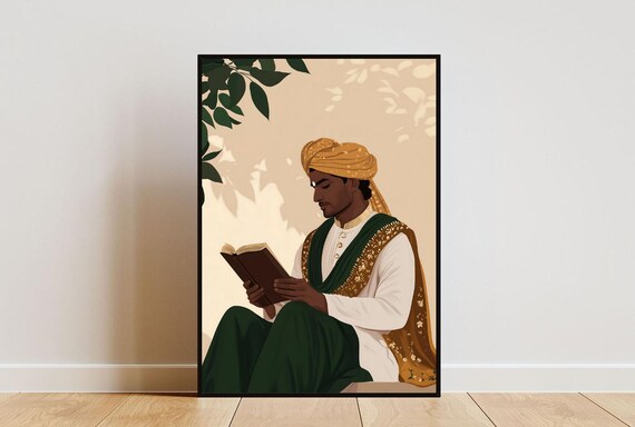 Traditional Indian Man Reading Book Golden Turban Portrait Poster