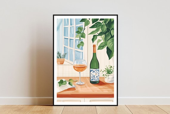 Wine Bottle and Glass Kitchen Windowsill Still Life Art Poster