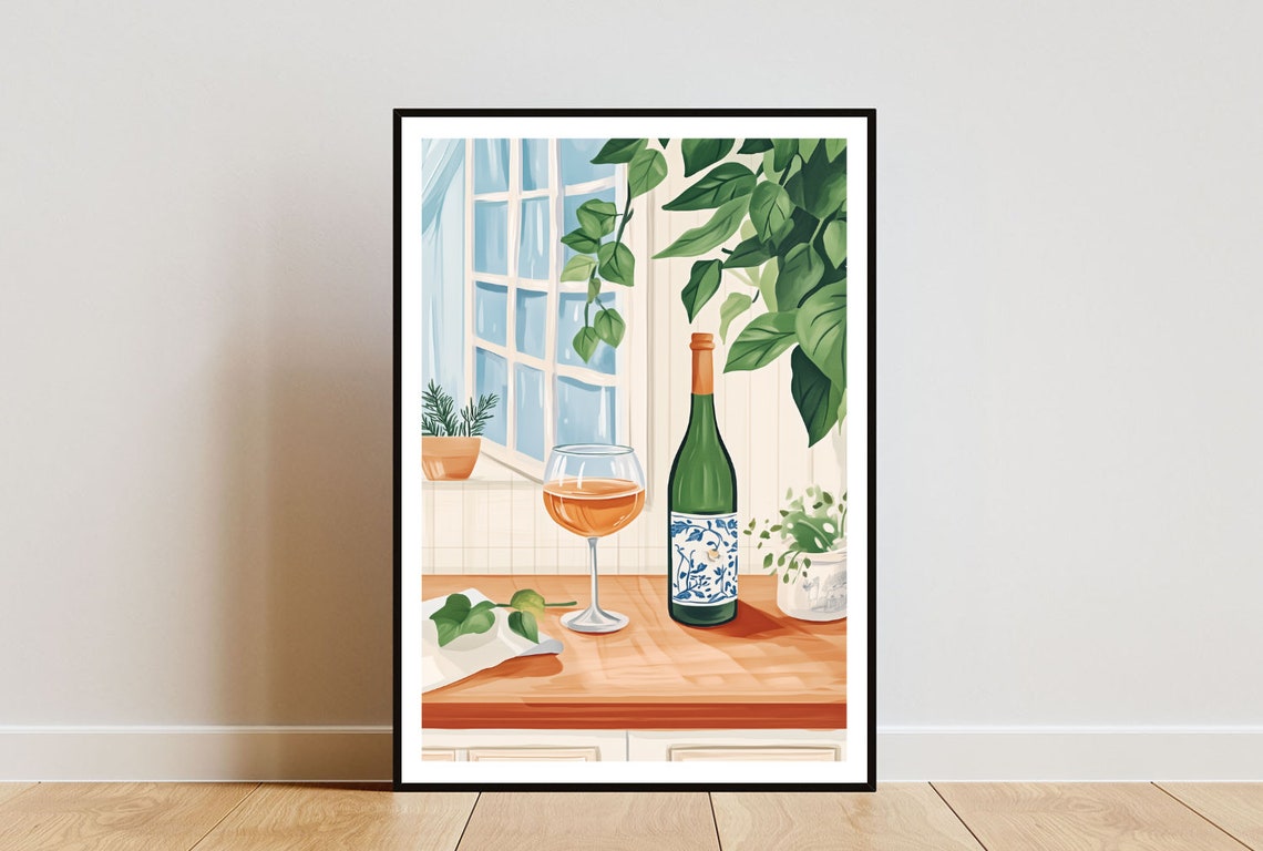 Wine Bottle and Glass Kitchen Windowsill Still Life Art Poster