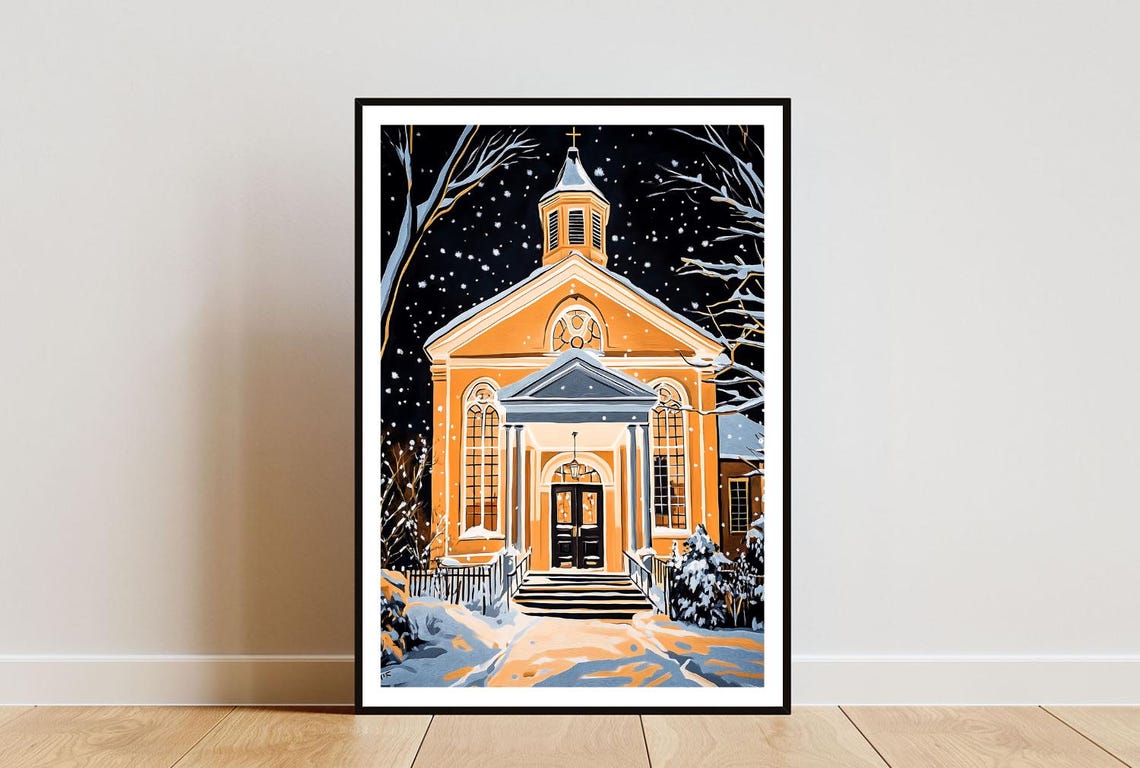 Church Poster Vintage Print Church Wall Art Church Art Poster Church Print Christmas Wall Art Religious Art Snow Print Vintage Art