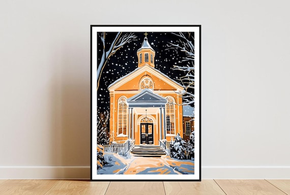Church Snowy Night Glowing Windows Starry Winter Scene Art Poster