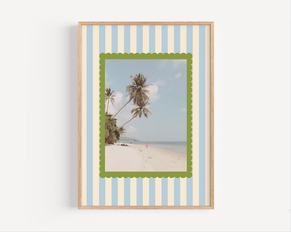 Palm Trees Beach Tropical Photo Striped Frame Coastal Decor Wall Art