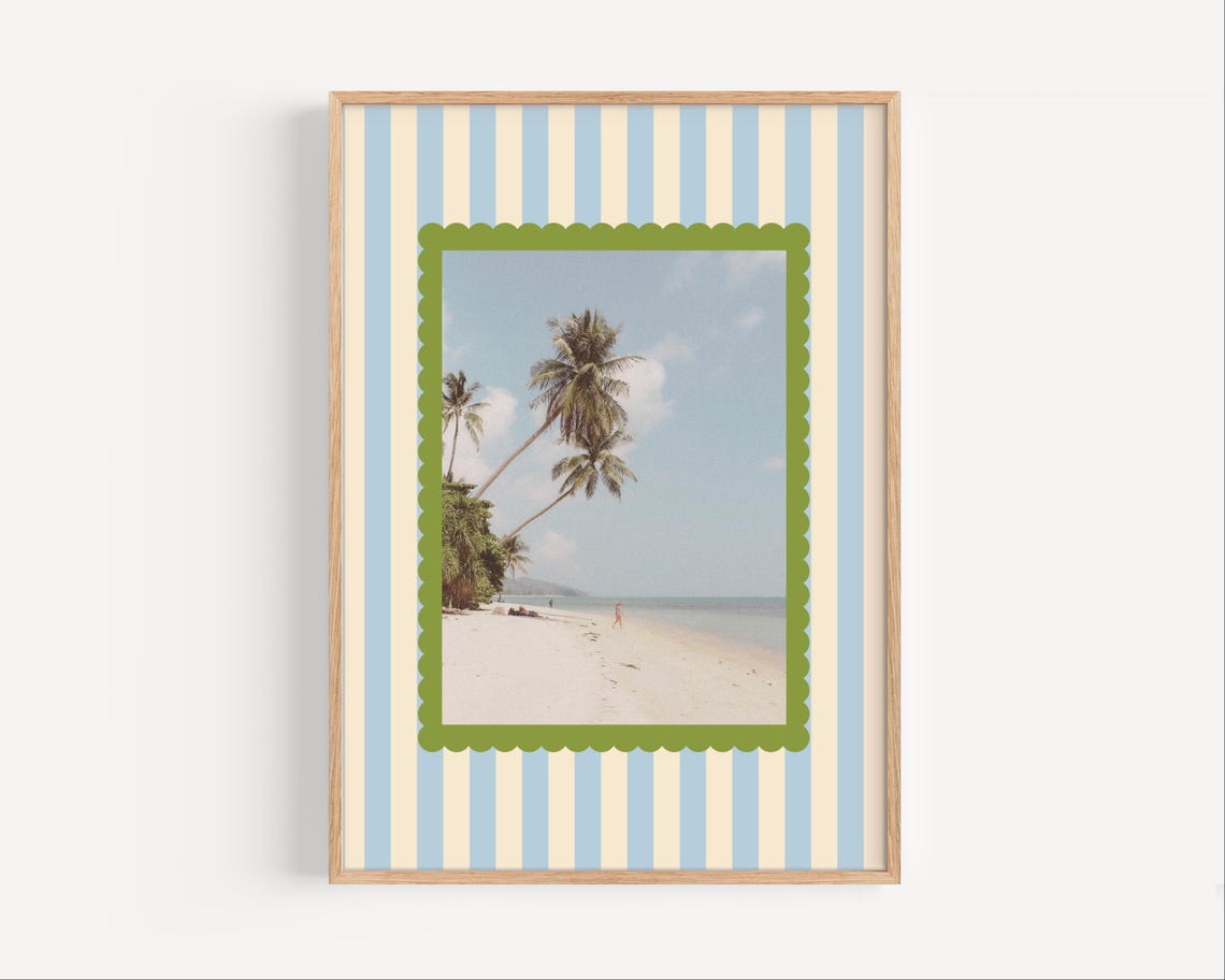 Palm Trees Beach Tropical Photo Striped Frame Coastal Decor Wall Art