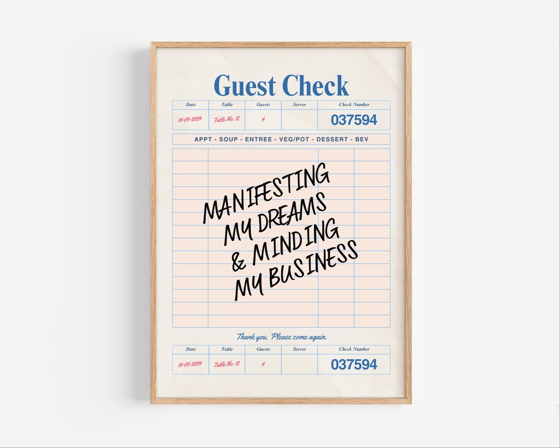 Manifesting My Dreams Minding Business Print Guest Check Wall Art Hustle Decor