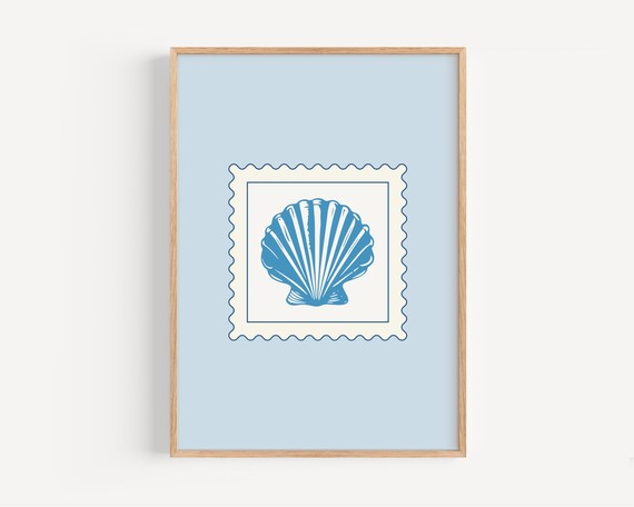 Blue Seashell Postage Stamp Coastal Art Print Light Blue Minimalist