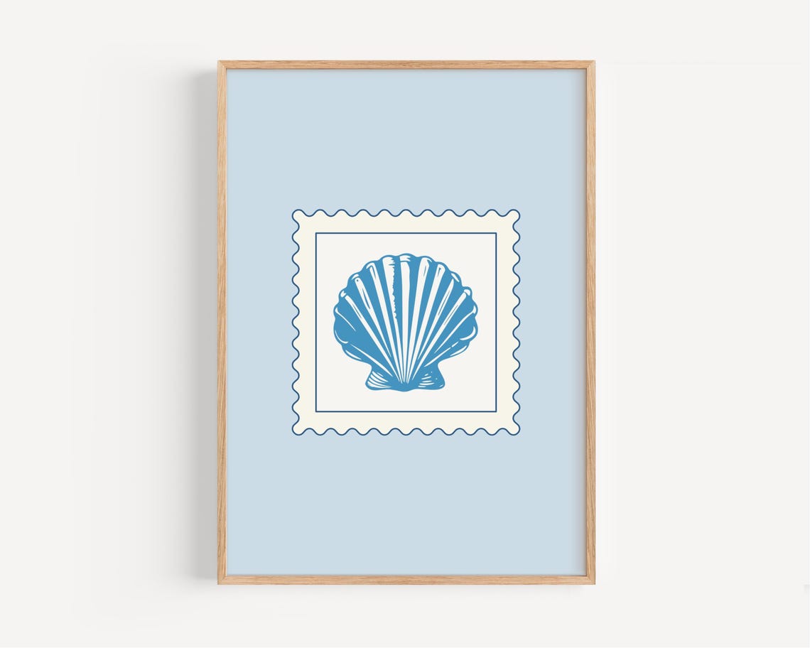 Blue Seashell Postage Stamp Coastal Art Print Light Blue Minimalist