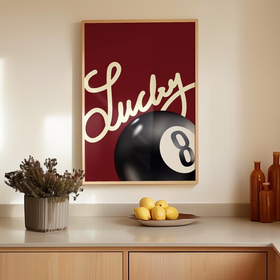 Lucky 8 Ball Retro Burgundy Billiards Bar Art Game Room Poster