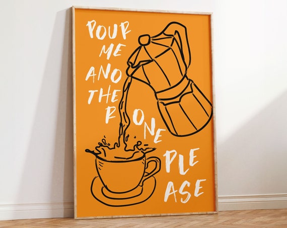 Coffee Print Retro Espresso Poster Coffee Sketch Maximalist Kitchen Print Moka Pot Coffee Art Print Bar Cart Print Hand Drawn Art