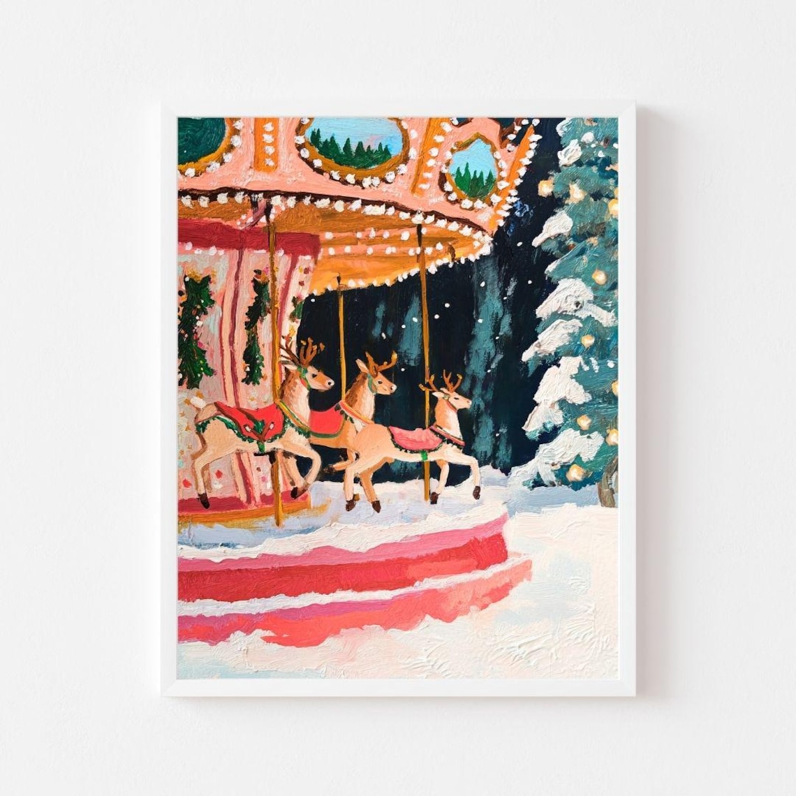 Vintage Christmas Carousel Reindeer Art Print