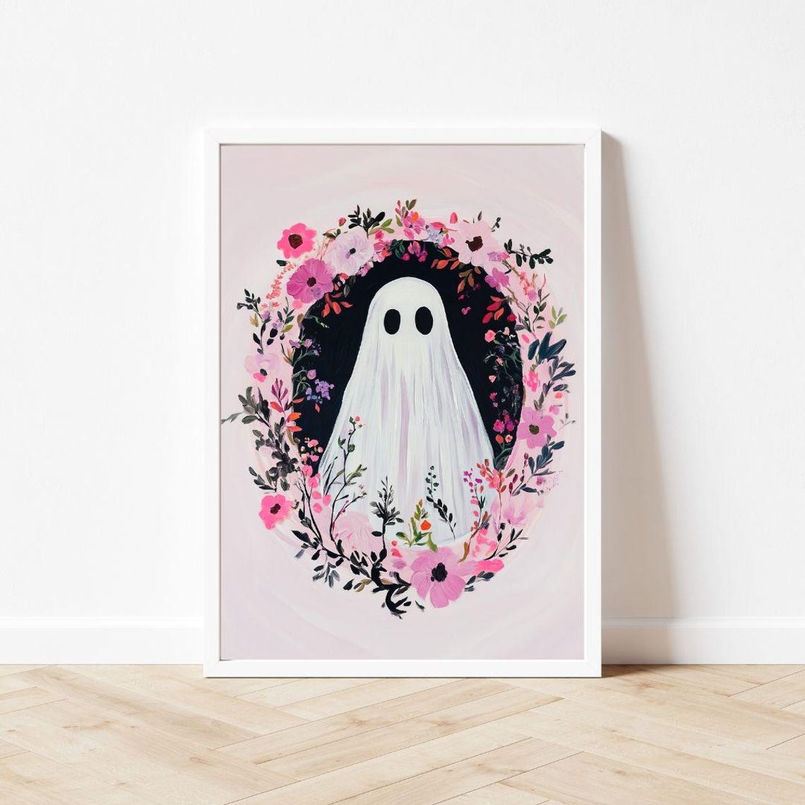 Cute Ghost Inside A Pink Floral Wreath Halloween Portrait Poster - Image 3