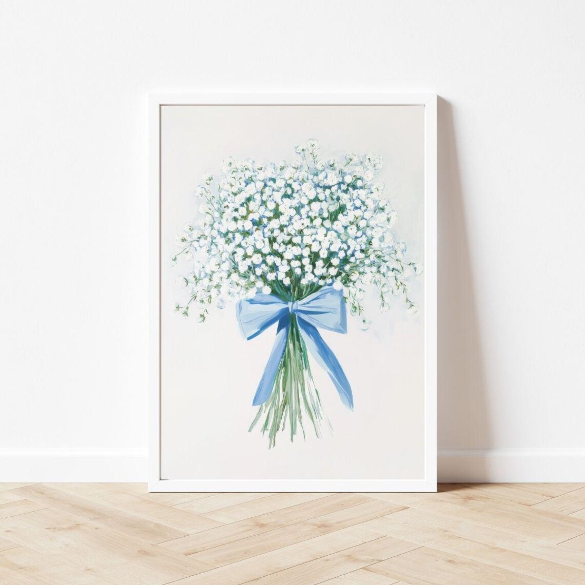 Baby's Breath Bouquet With Blue Bow, Floral Art Print - Image 3